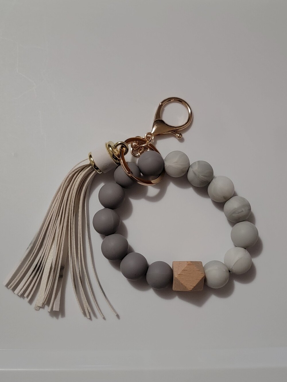 Source Unknown Gray Beaded Tassel Key & Card Holder with Gold Hardware